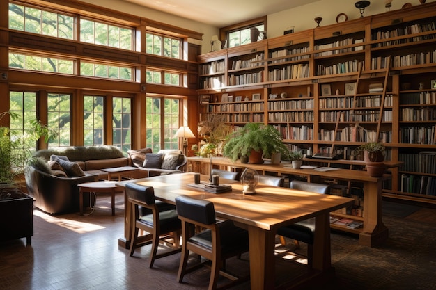 In a home library there is a wooden table and a diverse assortment of books displayed on shelves