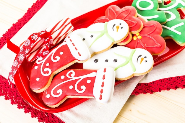 Home made Christmas cookies decorated with colorful icing.