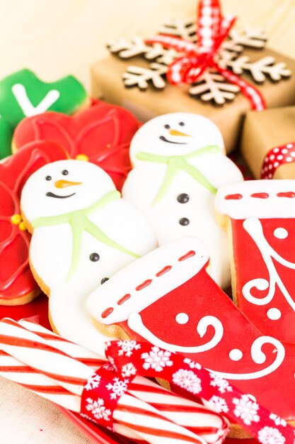 Home made Christmas cookies decorated with colorful icing.