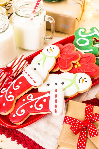 Home made Christmas cookies decorated with colorful icing.