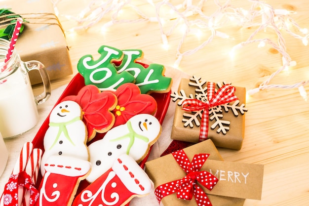 Home made Christmas cookies decorated with colorful icing.