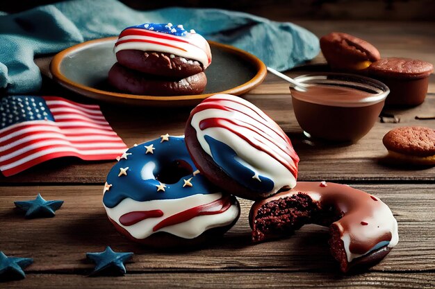 Foto glassa di biscotti fatti in casa con bandiera americana e ciambelle al cioccolato per il giorno dell'indipendenza generative ai