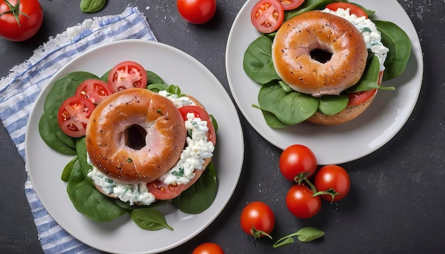 Home made ham and chicken bagels served with fresh organic spinach ruccola cottage cheese