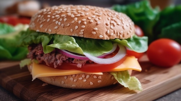 Foto hamburger fatto in casa con lattuga e formaggio