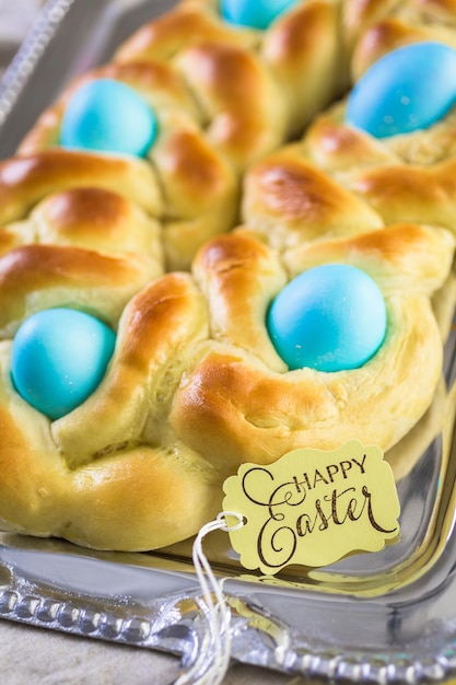 Home made italian easter bread with organic blue eggs