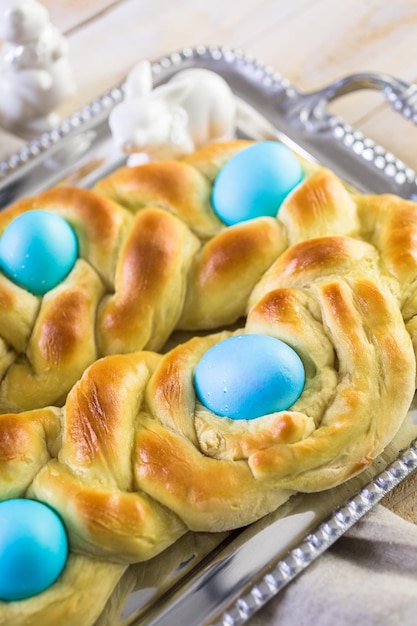 Home made Italian Easter bread with organic blue eggs.