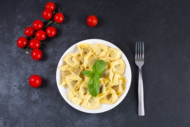 Home made italian tortelloni with decorated with fresh basil on a plate