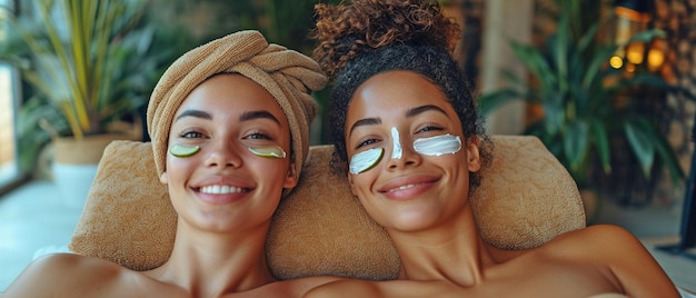 At home a mixedrace mother and daughter use face masks and have cucumber slices in their eyes