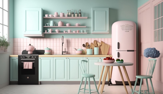 Home mock up cozy kitchen interior in pastel colors Generative AI