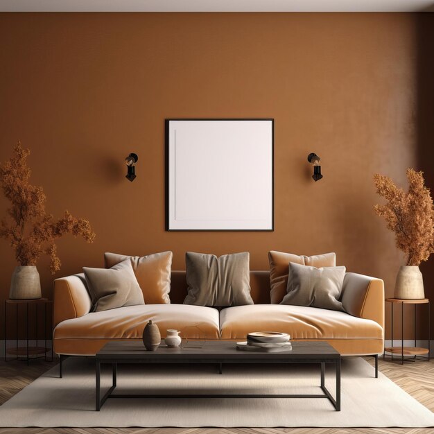 Home Mockup Brown warm color living room with sofa Highquality Mockups Generative Ai