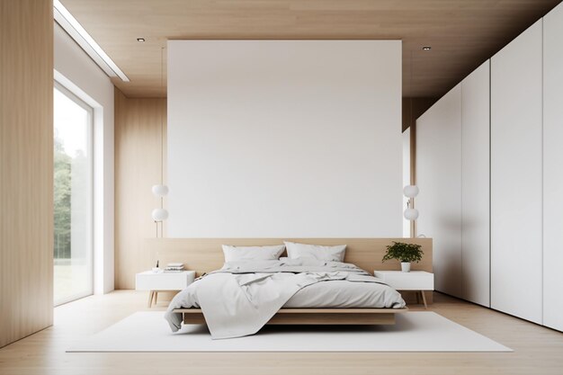 Home mockup cozy wooden bedroom interior background with empty wall Generative AI