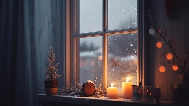 겨울 저녁 시간에 창턱에 서 있는 홈 모형 프레임 Generative Ai