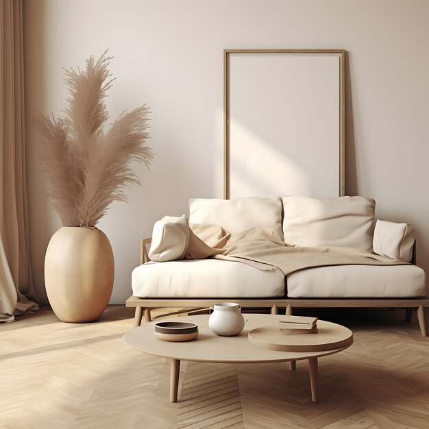 Home mockup living room in Japandi style 3d render