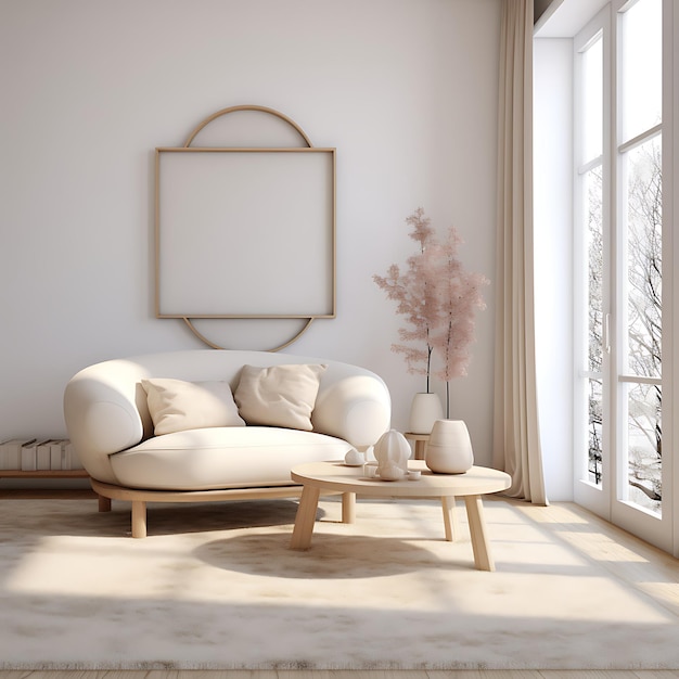 Home mockup living room in Japandi style 3d render