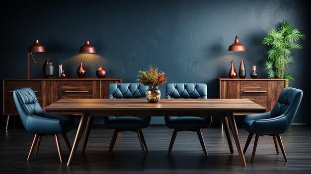 Home mockup modern dark blue dining room interior with brown leather chairs wooden table and decor