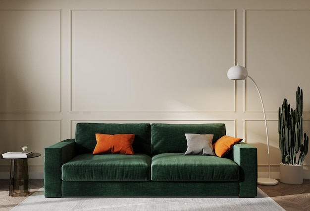 home mockup warm color living room with green sofa and decoration 3d render