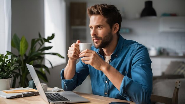 Home morning man with coffee cup