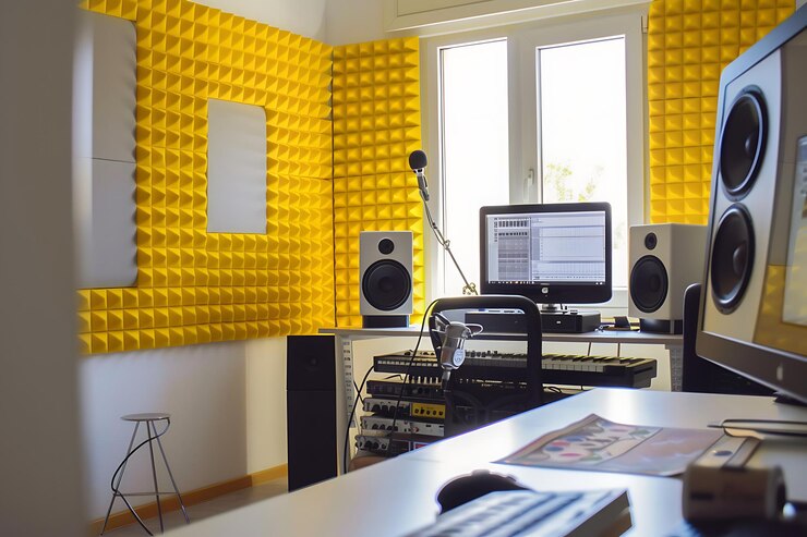 Photo home music studio with yellow acoustic panels and professional equipment