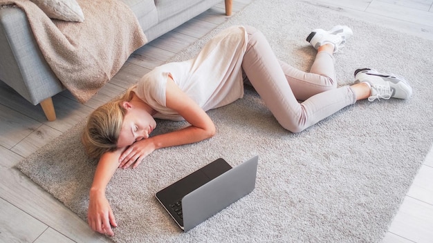 Home nap online fatigue lady sleeping on floor