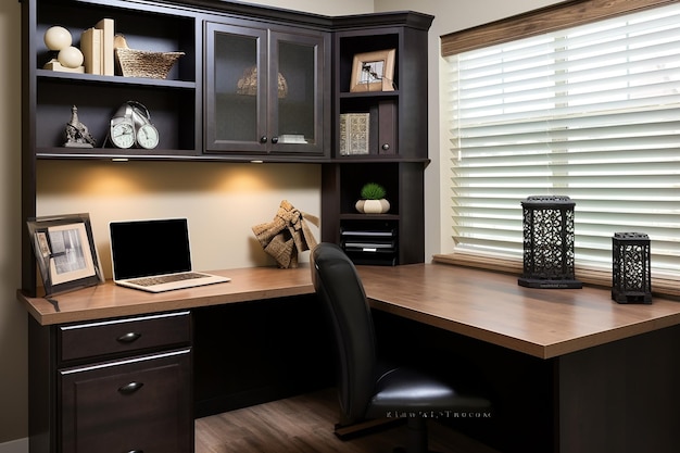 Photo home office corner desk with attached hutch