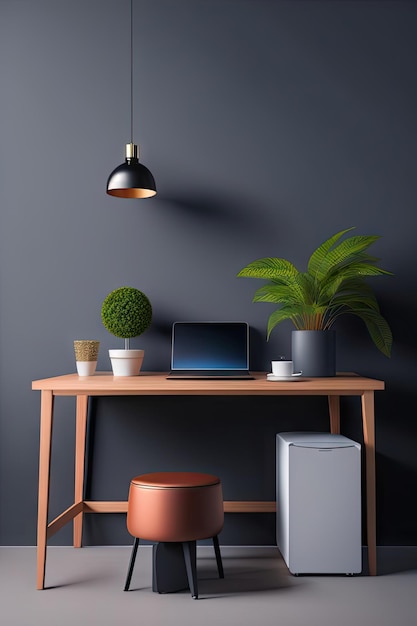 Home office desk against dark wall coffee mug plant and laptop cozy minimalist workspace