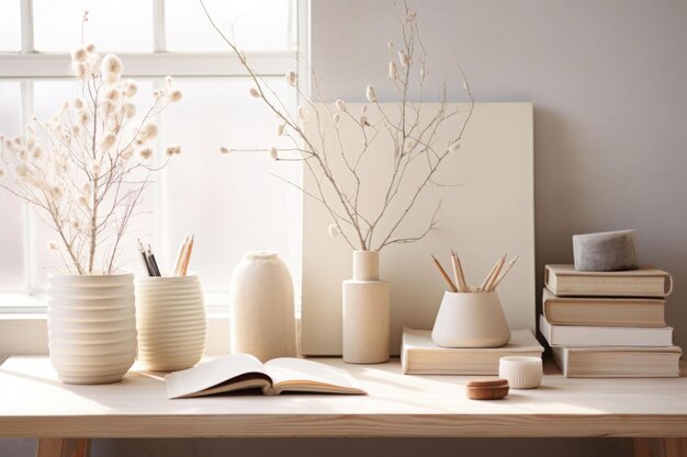 Home office desk in a neutral color palette A vase a stack of journals Simple composition Generative AI illustration
