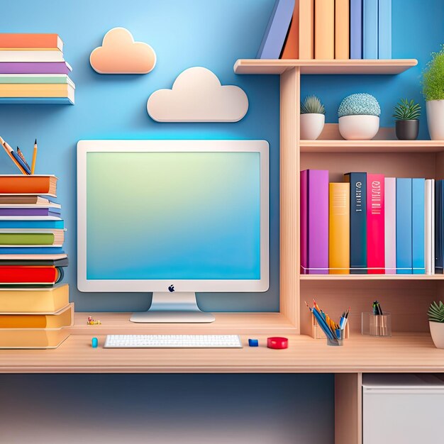 Home office desk with frame artist supplies books and cloud booshelf on a white background