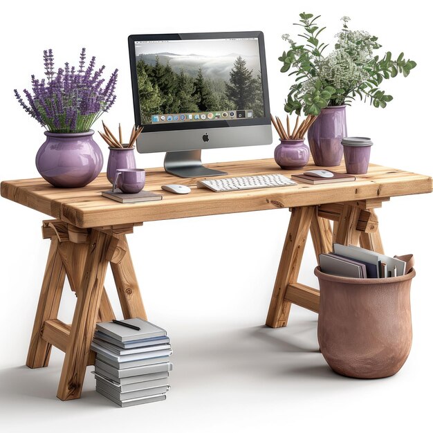 Photo home office desk with purple details front view white background style raw stylize 750 job id 17c07237459f47ab871a0f0c2770d26d