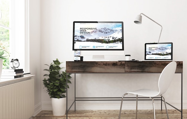 Домашний офис устройства 3d-рендеринга веб-сайт с адаптивным дизайном