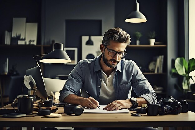 Foto home office een man ondergedompeld in de creatieve wereld van de fotografieherstellen van tijdloze beelden