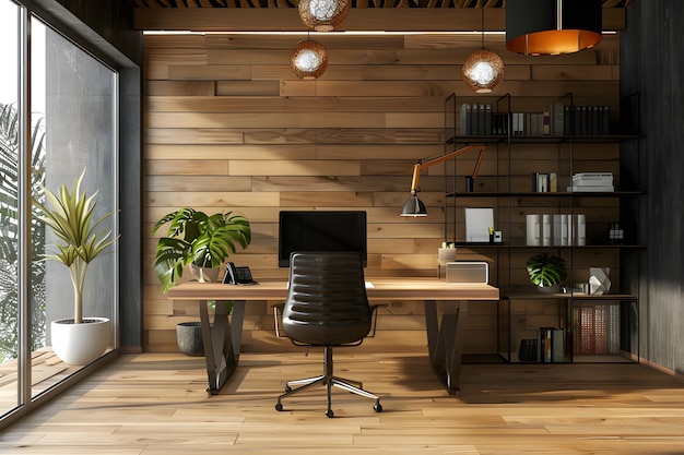 A home office featuring a sleek design with a wooden wall and floor creating a warm look