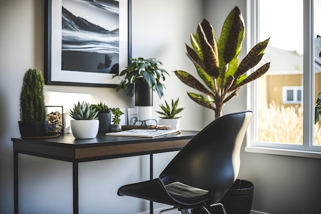 Концепция дизайна интерьера домашнего офиса включает в себя красивое натуральное растение, которое создает успокаивающую атмосферу.