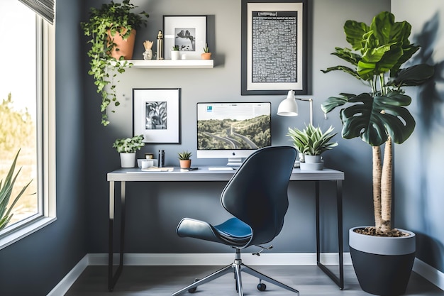 Photo home office interior concept design features a beautiful natural plant that creates a soothing