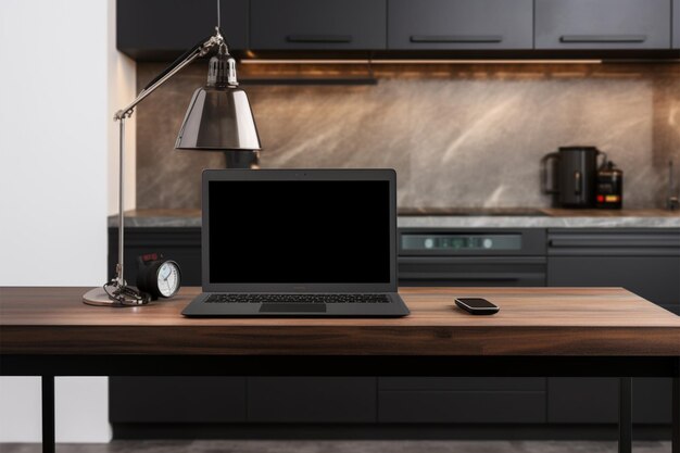 写真 ホームオフィス 黒いテーブルのラップトップがあなたのデザインに備わっています