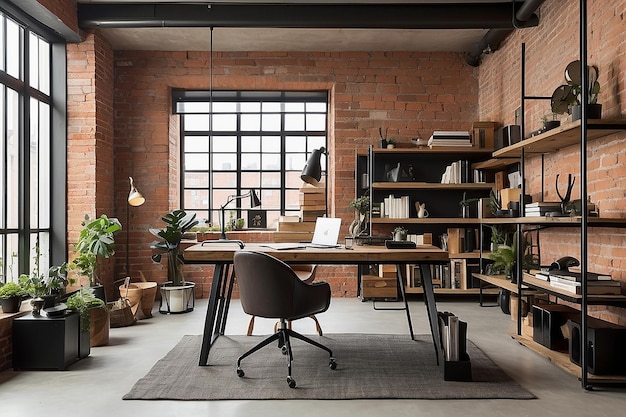 A home office in a loft space with exposed brick walls and industrial decor