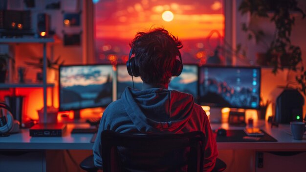 Home office man engaging in Zoom video call symbol of new normal work life AI Generative