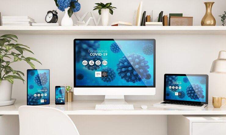 Home office set up with responsive devices showing coronavirus info 3d rendering