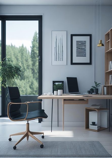 Домашний офис с черным стулом и компьютером на стене.