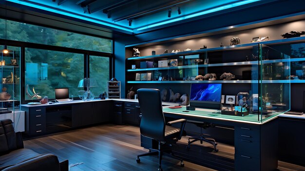 青い壁と植物が見えるホームオフィスの生成AI