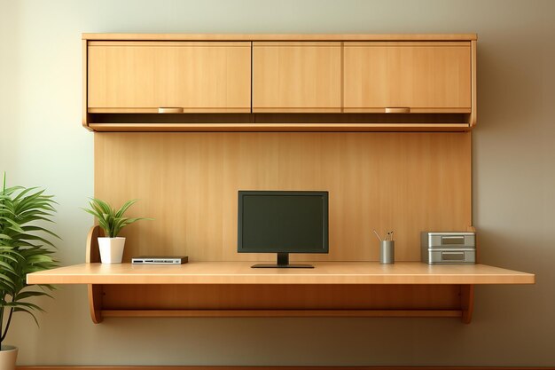 Photo home office with a built in fold down wall mounted desk and pegboard