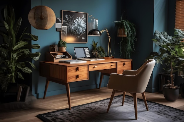 Домашний офис со стулом, столом и лампой.