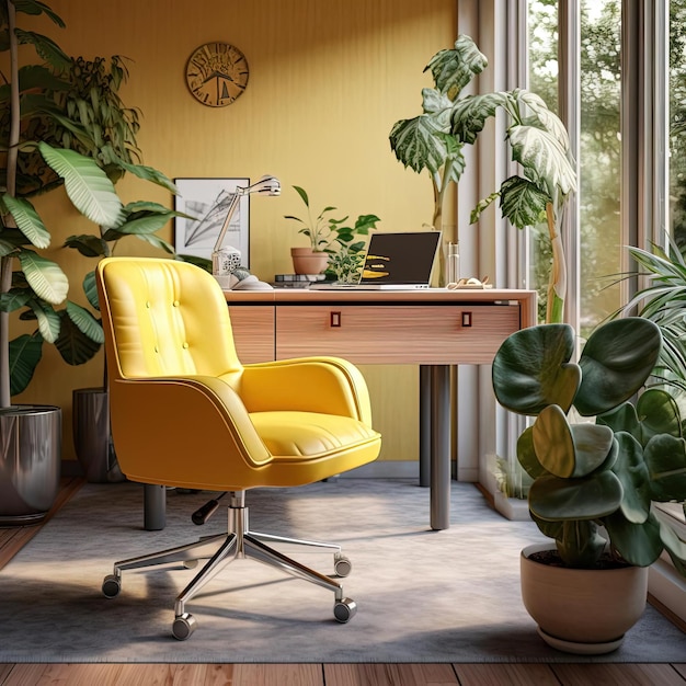 домашний офис со стулом, желтым столом и цветочным горшком