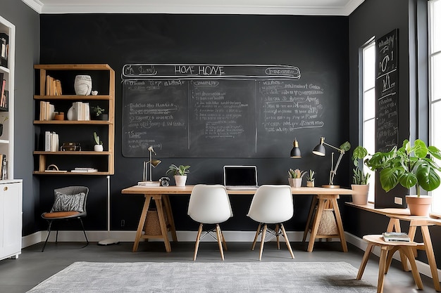 A home office with a chalkboard wall for brainstorming and creativity
