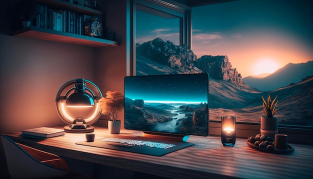 A home office with computer desk with a lamp and a mountain in the background