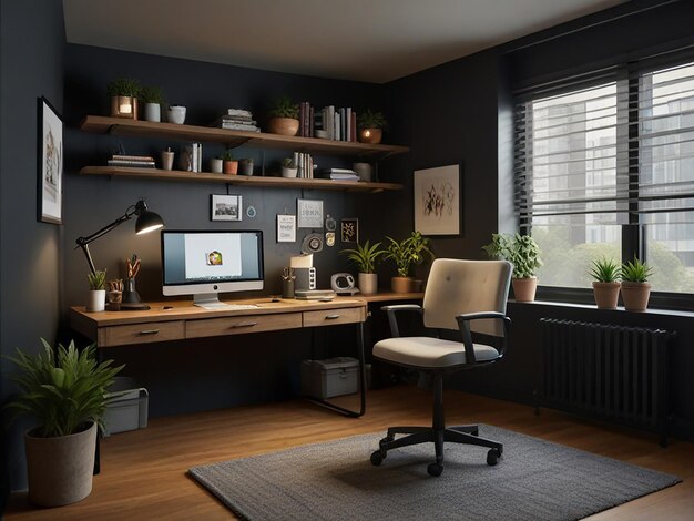 Photo a home office with a computer and a monitor on the desk