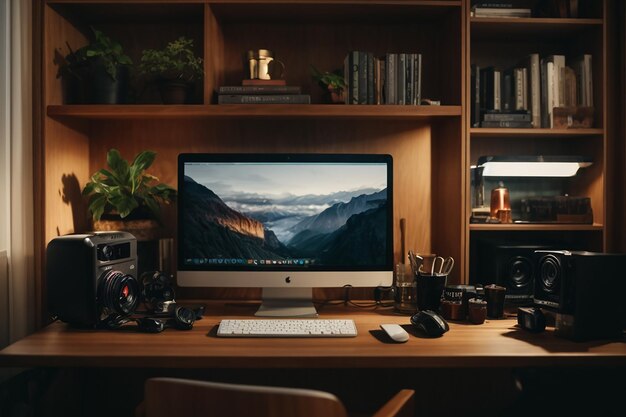 Home office with computer and shelf