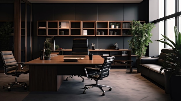 a home office with a dark wall and a large desk with a plant in the corner.