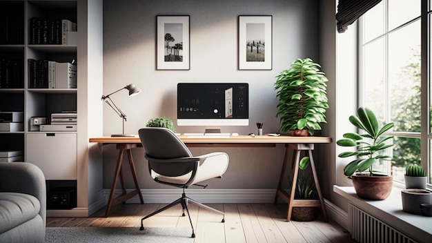 A home office with a desk and a chair.