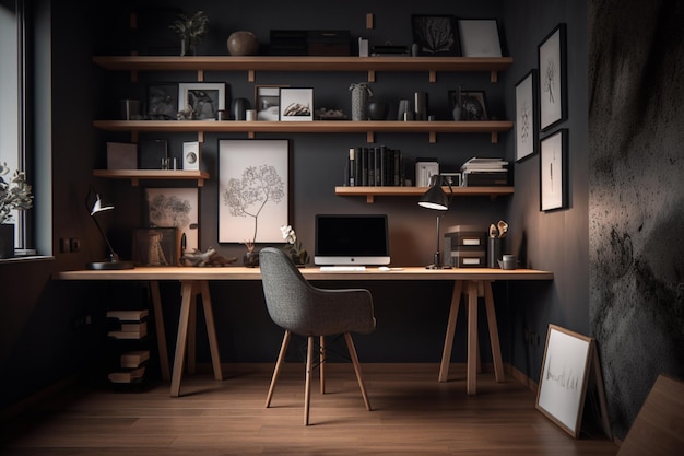 A home office with a desk and a computer on the wall.