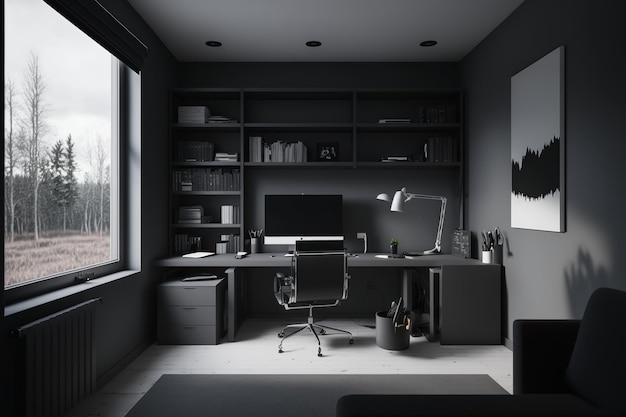 A home office with a desk and a lamp.